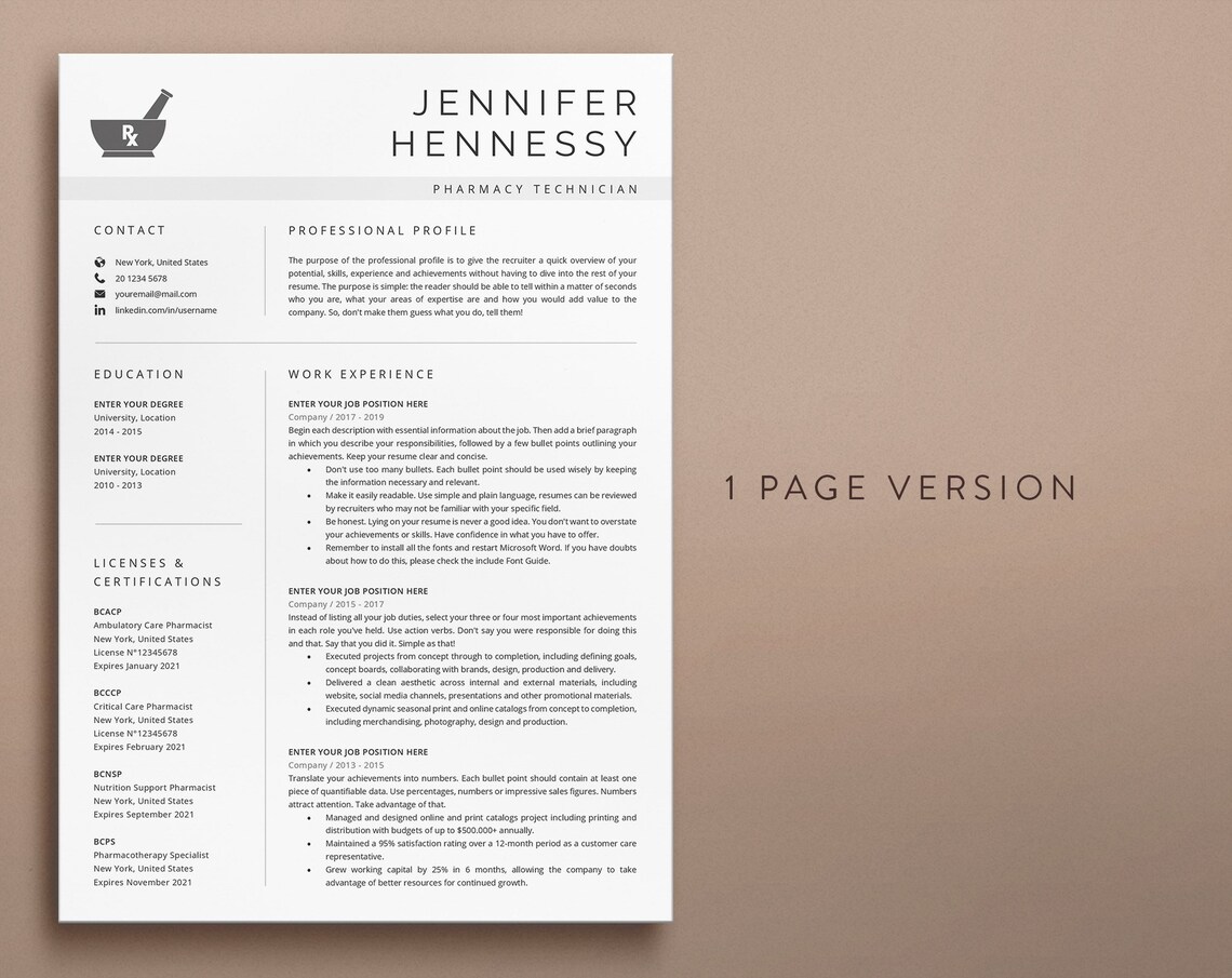 Pharmacy Technician Resume Template Pharmacist Resume - Etsy