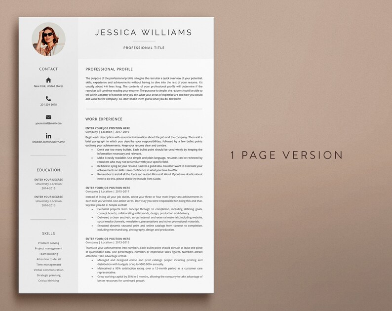May include: A black and white resume template with the text "JESSICA WILLIAMS" at the top. The resume includes sections for contact information, professional profile, work experience, education, and skills.