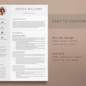 May include: A resume template with the text "EASY TO CUSTOMIZE" and "You can change Text, titles, fonts, icons and colours. And also Add, remove or move anything you need."  The template includes sections for contact information, professional profile, work experience, education, and skills.