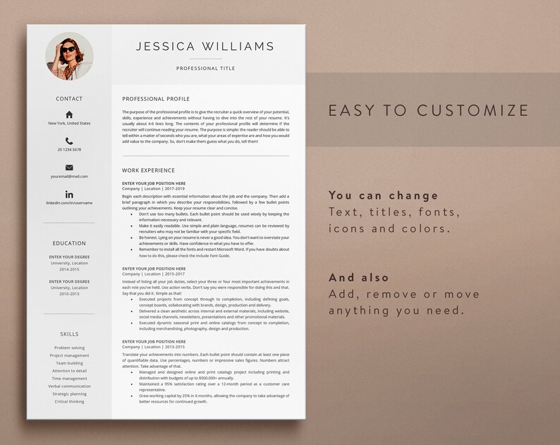 May include: A resume template with the text "EASY TO CUSTOMIZE" and "You can change Text, titles, fonts, icons and colours. And also Add, remove or move anything you need."  The template includes sections for contact information, professional profile, work experience, education, and skills.