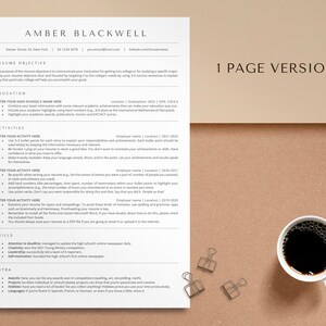 May include: A resume template with a one-page version layout. The template includes sections for a resume objective, education, activities, skills, and extra information. The template is designed to help job seekers create a professional and effective resume.