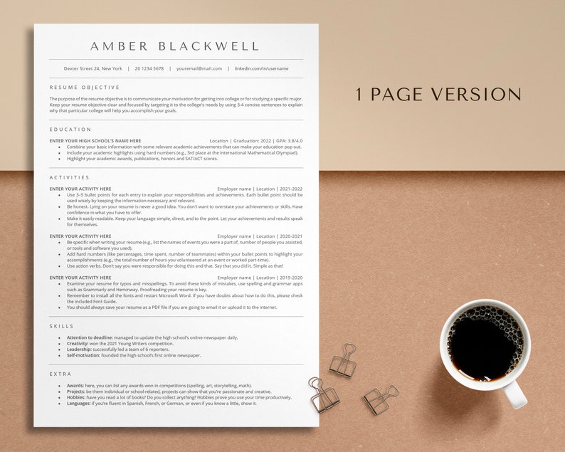 May include: A resume template with a one-page version layout. The template includes sections for a resume objective, education, activities, skills, and extra information. The template is designed to help job seekers create a professional and effective resume.