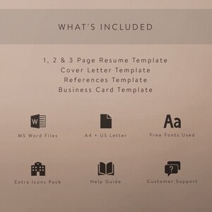 May include: A graphic showing what's included in a CV template package. The package includes 1, 2, and 3 page CV templates, a cover letter template, a references template, and a business card template. The templates are available in MS Word files, A4 and US Letter sizes, and use free fonts. The package also includes extra icons, a help guide, and customer support.