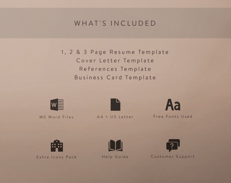 May include: A graphic showing what's included in a CV template package. The package includes 1, 2, and 3 page CV templates, a cover letter template, a references template, and a business card template. The templates are available in MS Word files, A4 and US Letter sizes, and use free fonts. The package also includes extra icons, a help guide, and customer support.