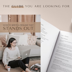 May include: A guide titled "How to Write a Resume That Stands Out" with a woman sitting on a sofa using a laptop. The guide includes a table of contents with sections on resumes, cover letters, and action verbs.