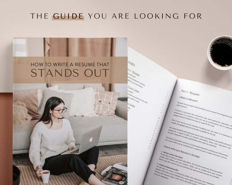 May include: A guide titled "How to Write a Resume That Stands Out" with a woman sitting on a sofa using a laptop. The guide includes a table of contents with sections on resumes, cover letters, and action verbs.