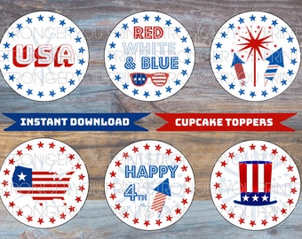 4th of July Cupcake Toppers, Patriotic Cupcake, 4th of July Decoration, Red Blue Star, Fireworks Topper, 4th July Party Printable Decoration
