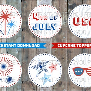 4th of July Cupcake Toppers, Patriotic Cupcake Decor, Red White Blue, Stars Stripes, Fireworks Toppers, USA Decoration, Sparkler Toppers