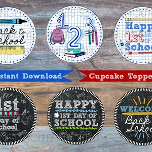 Back to School Cupcake Toppers, Happy 1st Day of School Toppers, School Supply Cupcake Decor, Chalkboard Decor Printable, Welcome Back Decor