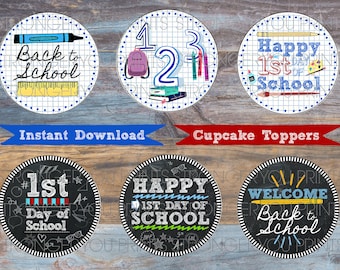 Back to School Cupcake Toppers, Happy 1st Day of School Toppers, Schulbedarf Cupcake Dekor, Tafel Dekor druckbar, Willkommen zurück Dekor