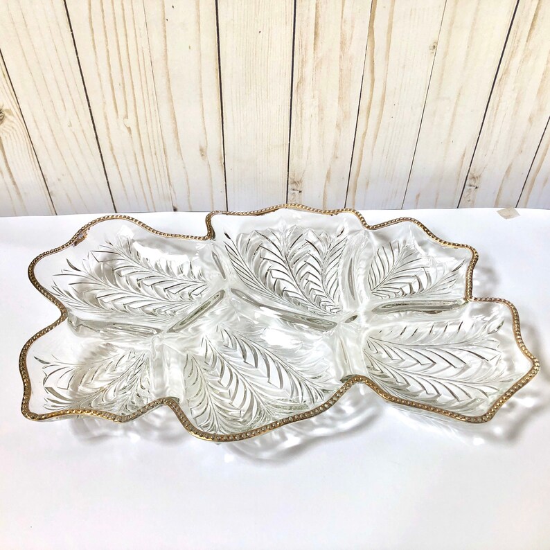 appetizer plate Vintage gold and glass food tray gold accent serving tray leaf glass tray, appetizer tray gold leaf serving plate