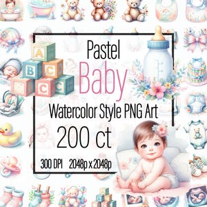 パステル ベビー 水彩画 アート PNG バンドル - ベビー クリップ アート、ベビー グラフィック - ベビーベッド、おしゃぶり、哺乳瓶、チャイルドシート、ブロック、ワンジー、靴など