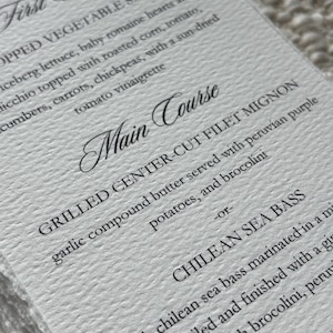 Menus de mariage faits main | Menu de mariage personnalisé | Marque-places pour mariage | Bords déchirés