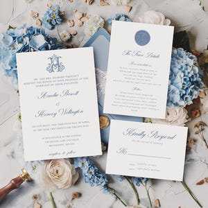 Convites de casamento em impressão tipográfica, conjunto de convites florais azuis personalizados com RSVP e cartões de detalhes para convites de casamento elegantes