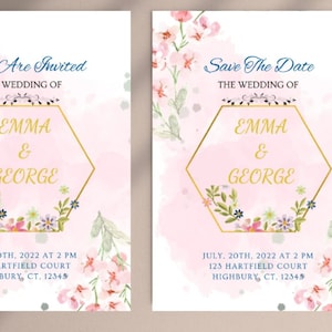 Pink and Gold Wedding Invitation Template, Floral Wedding Invitation Pink, Save the Dates
