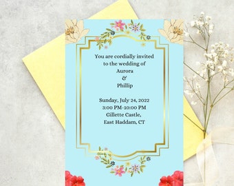 Pastel Blue Wedding Invitation, Printable Wedding Invitation Canva, Digital Download, Save the Date