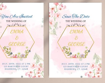 Pink and Gold Wedding Invitation Template, Floral Wedding Invitation Pink, Save the Dates