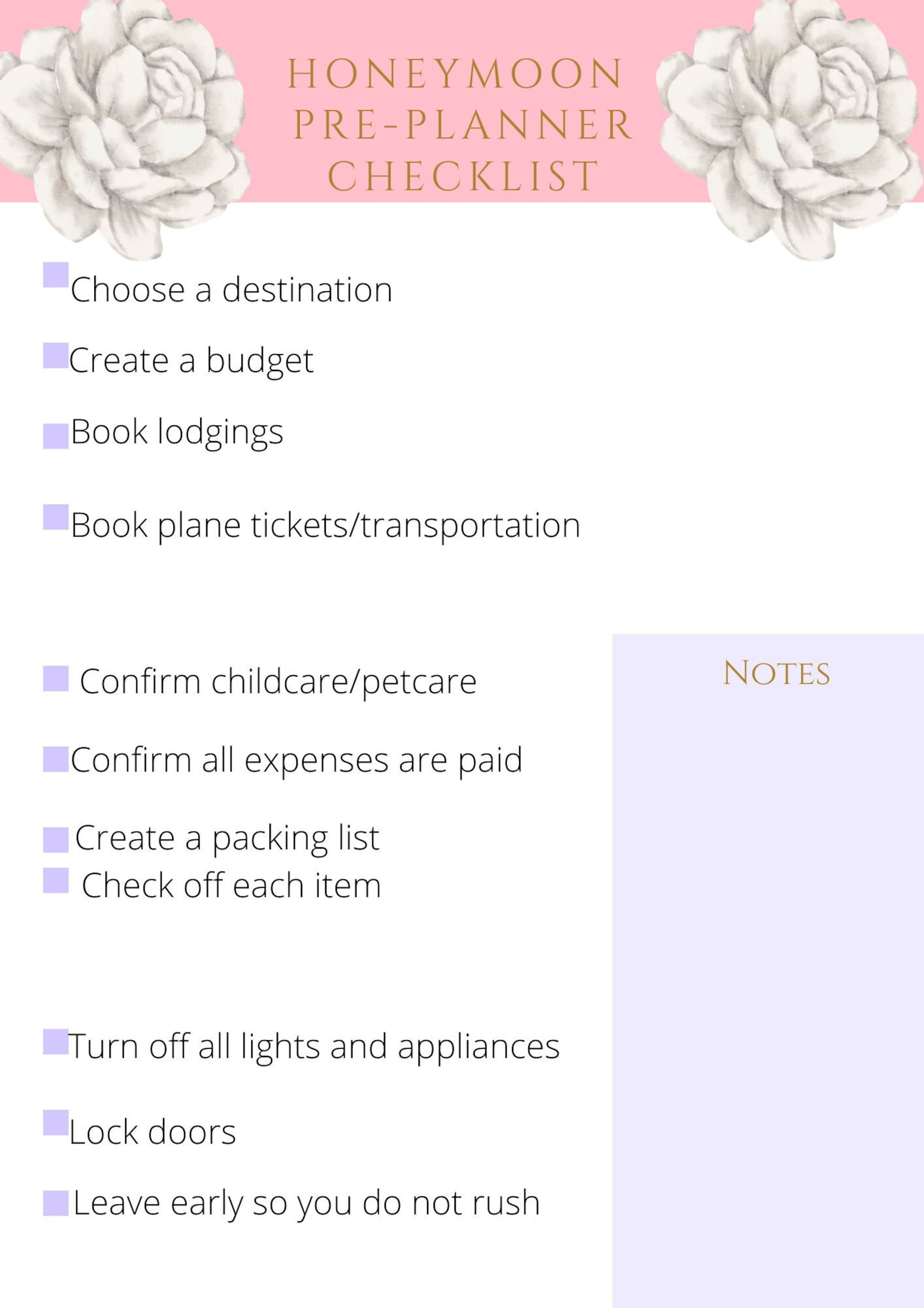 Printable Honeymoon Planner, Honeymoon Checklist PDF, Instant Download ...