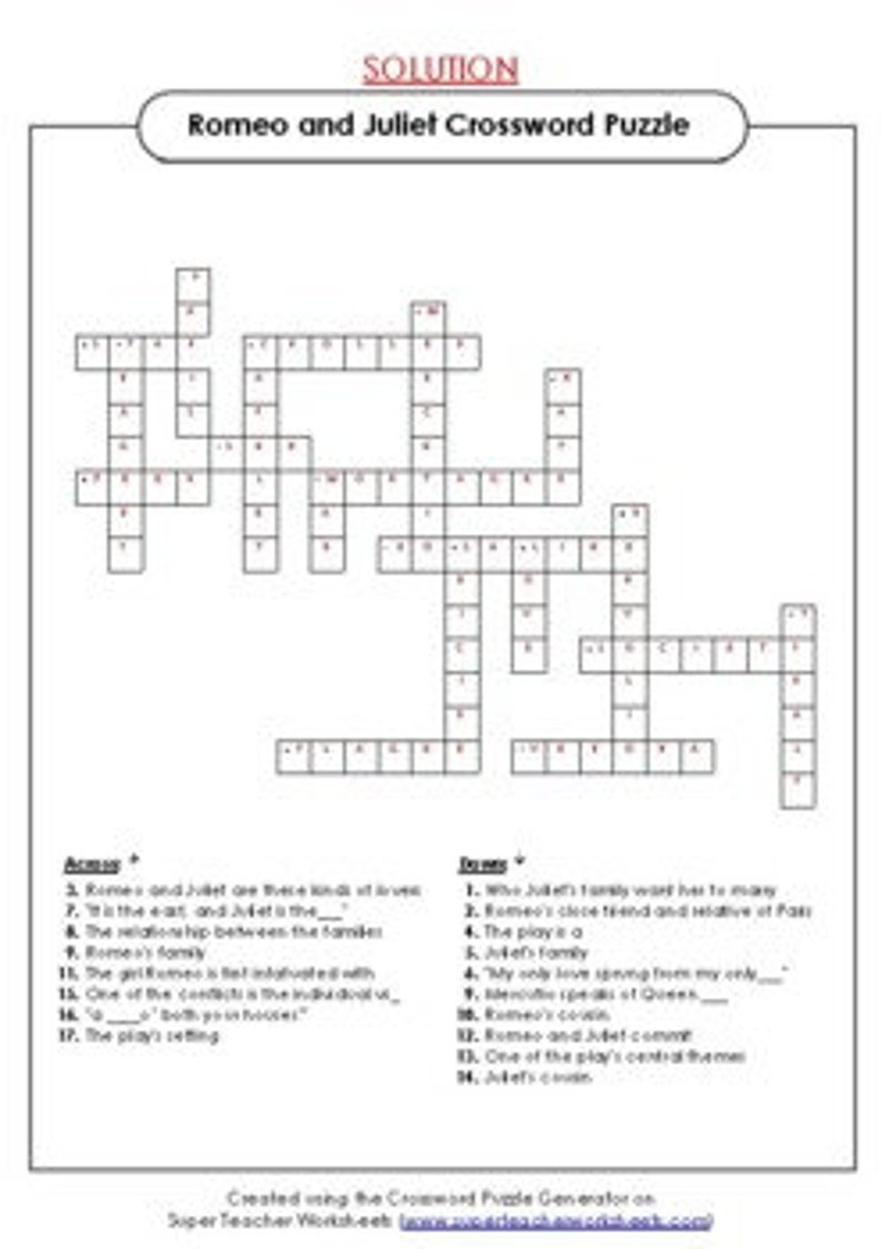 Romeo and Juliet Crossword Puzzle Etsy