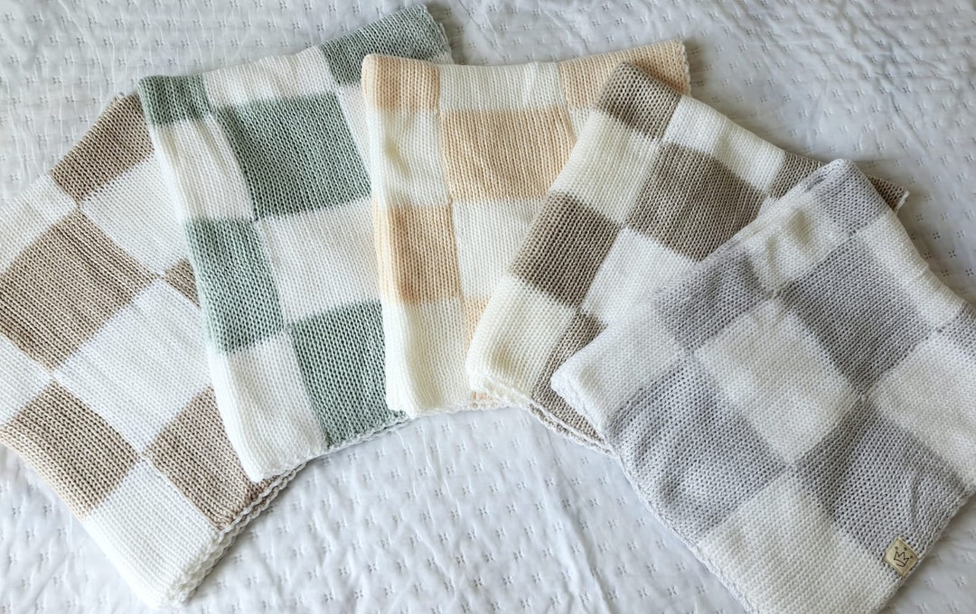 Checkered Knit Baby Blanket Handmade Cotton Swaddle Throw Etsy