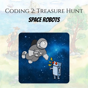 May include: A cartoon astronaut in a gray spacesuit floats in space with a starry background. A small robot with red eyes and yellow lightning bolts is below the astronaut.