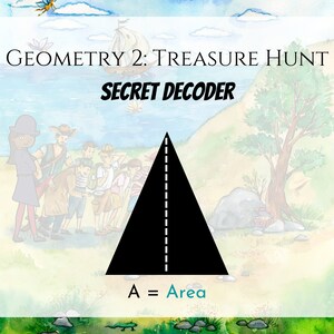 May include: A black triangle with a dashed line down the middle. The text "A = Area" is below the triangle. The image is part of a children's educational game about geometry.