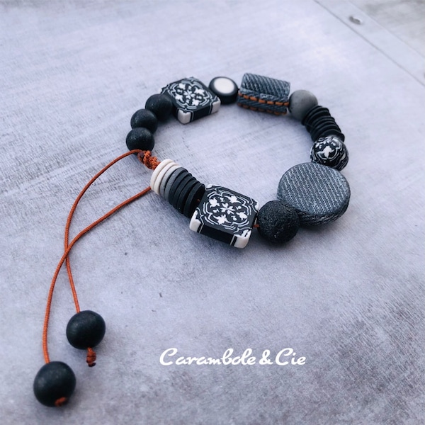 Bracelet shamballa  de perles modelées à la main en pâte polymère imitation jean de couleur noire et carreaux ciment modèle unique