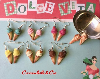 Dangling earrings realistic ice cream cones hand modeled in polymer clay