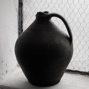 Large Black Clay Pitcher: Wabi Sabi Rustic Pottery Jug