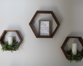 Wooden Honeycomb Shelf: Cherry Wood Floating Hexagon Display