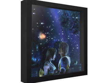 Caja de sombras de Final Fantasy X: Yuna y Tidus, arte de pared 3D hecho a mano