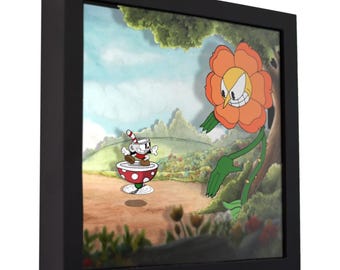 Caja de sombras 3D de Cuphead Cagney Carnation: Arte mural de videojuegos hecho a mano