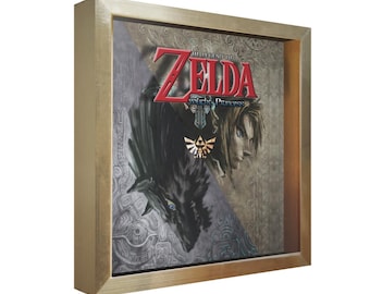 Ilustración de la portada de Zelda Twilight Princess: Caja de sombras 3D con marco dorado