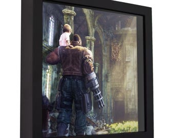 Caja de sombras de Final Fantasy VII: Barret y Marlene, arte mural para gamers hecho a mano.