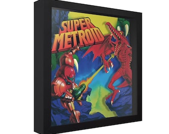 Caja de sombras de Super Metroid: Arte mural 3D de videojuegos retro hecho a mano