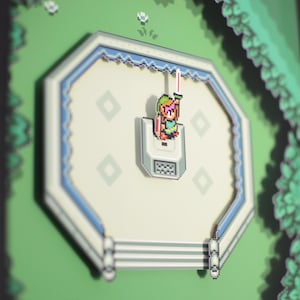 May include: A framed pixel art piece featuring a scene from a video game. The artwork depicts a character with a sword in a white and blue octagonal structure, set against a green background with pixelated foliage. The piece is framed in black.