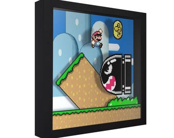 Caja de sombras de Super Mario World: Arte de pared 3D hecho a mano con Bullet Bill