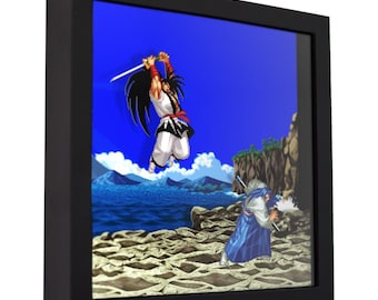 Caja de sombras 3D de Samurai Shodown: Haohmaru vs Ukyo, decoración retro para sala de juegos.