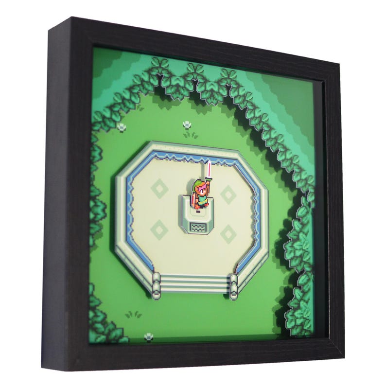 May include: A framed 3D pixel art scene featuring a character with a sword standing on a platform. The artwork is set against a green background with a black frame. The scene is reminiscent of a video game.