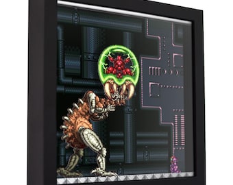 Caja de sombras 3D de Super Metroid Mother Brain Battle - Arte mural de videojuegos hecho a mano