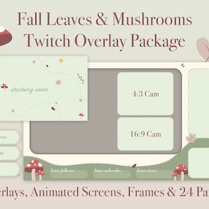 Herbst Blätter & Pilz Cottagecore Boho ästhetische Twitch Stream Overlay, animierte Bildschirme, Rahmen und Panels Paket