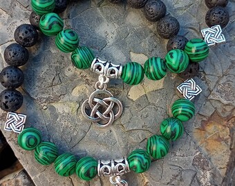 Unisex Malachite and Lava  handmade bracelet with eternal knot charm & tibetan silver celtic knot beads. Perfect gift for someone special.