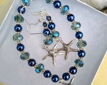 Sparkling Starfish handmade Earring & Bracelet set. Made with denim blue glass pearls and seaspray ab handcut crystal beads