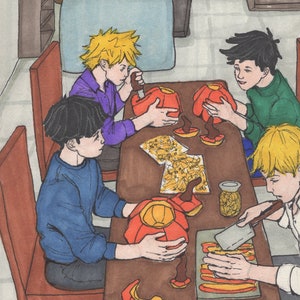 May include: Four people are sitting around a table carving pumpkins. There are several pumpkins on the table, some already carved and some still whole. There is a bowl of pumpkin seeds on the table, as well as a knife and a jar of something.