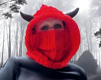 Crochet Devil Horns Hood | Rave Festival Balaclava Turtle Neck Cowl