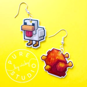 Lava Chicken 2025 Minecraft-Inspired Earrings | Original Asymmetrical Pixel Chicken & Roast | Funny Shrink Plastic Gamer Gift
