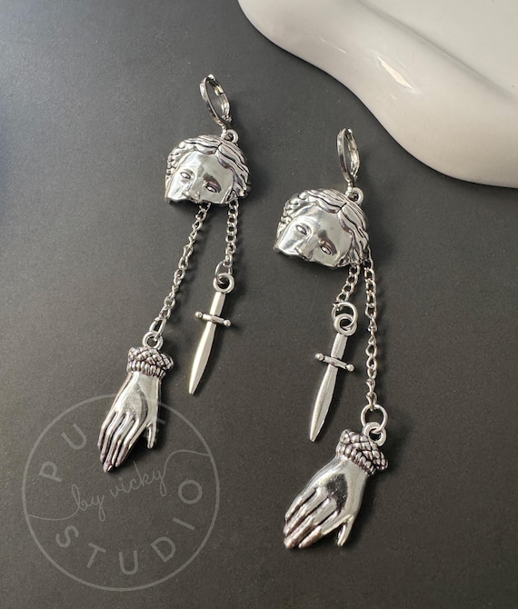 Gothic Metal Earrings With Sword Hand Charms Vintage Dark Punk