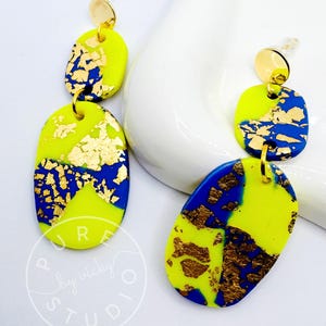 Polymer Clay Earrings | Bright Green and Blue | Handmade Gold Foil Statement Jewelry | Perfect Gift, Unique Gift, Mother&#39;s day gift
