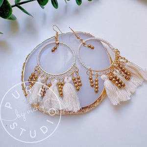 Handcrafted Boho Tassel Earrings – Cream & Gold Statement Jewelry for Every Occasion, Unique Gift, Mother&#39;s day gift