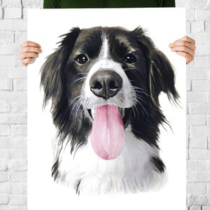May include: A watercolor painting of a Border Collie dog with black and white fur, a pink tongue, and a happy expression. The dog's portrait is on a white rectangular canvas.